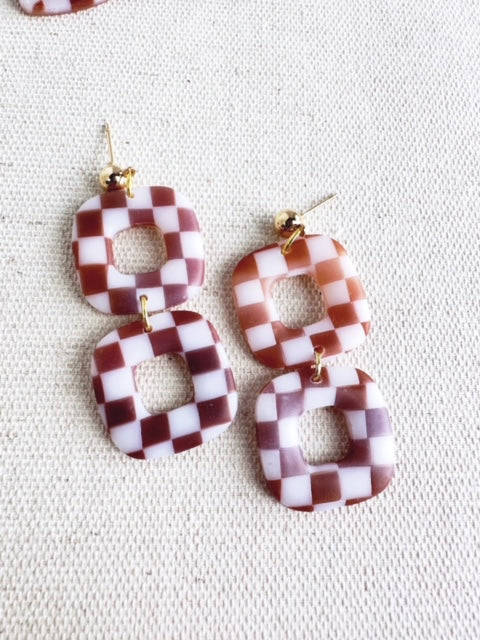 Checkered Tortoise Shell Square Dangle Earrings