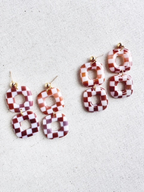 Checkered Tortoise Shell Square Dangle Earrings