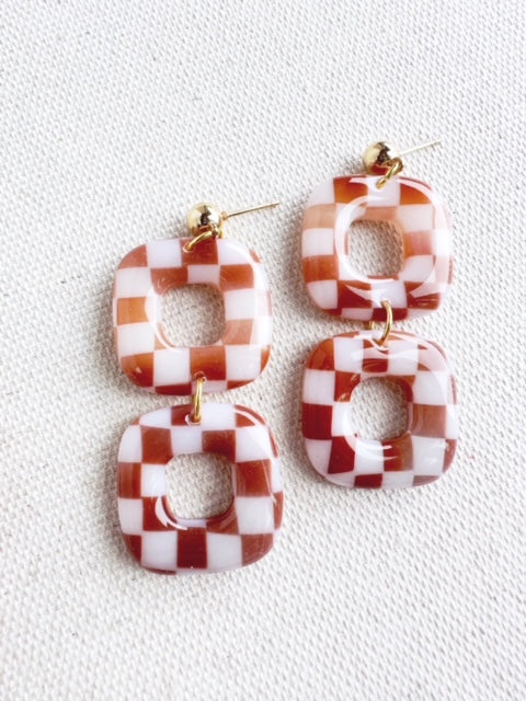 Checkered Tortoise Shell Square Dangle Earrings